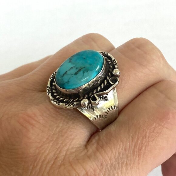 VTG Sterling Silver 925 Hemerson Brown Navajo Oval Bezel Set Turquoise Ring Sz 8 - Picture 3 of 16